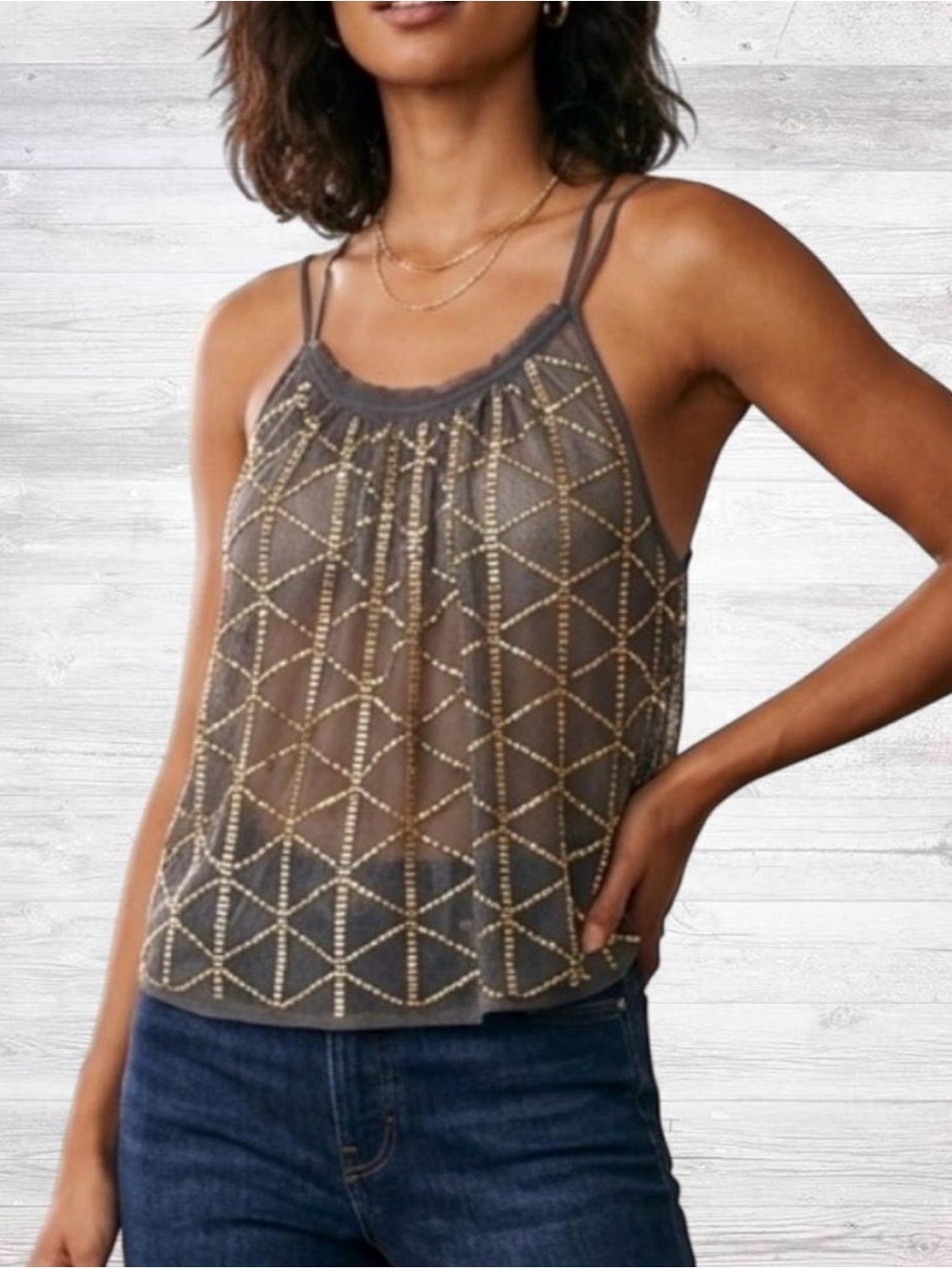 Free People Sheer Beaded Camisole in Charcoal with Gold Embellishment